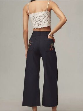 Maeve Colette Embroidered Wide Leg Cropped Navy Strawberry Pants Anthro Sz 26